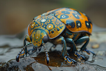 Aufkleber - A beetle with a shell that reflects complex mandala patterns, each movement changing the reflected designs,