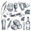 Craft beer and brewery vector hand drawn sketch illustration. Bottles, barrels and glasses design elements for pub and bar alcohol drinks menu