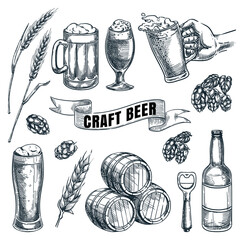 Sticker - Craft beer and brewery vector hand drawn sketch illustration. Bottles, barrels and glasses design elements for pub and bar alcohol drinks menu