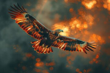 Poster - An eagle in flight, its feathers a spectrum of flames, leaving a trail of color in the sky as it soars,