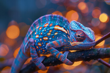 Poster - A chameleon on a branch, its skin changing through a dazzling array of geometric shapes and intense colors,