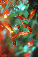 Poster - A pair of hummingbirds, their wings beating so fast they blur, creating a prism of colors around them,