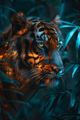 Poster - A tiger whose stripes pulse and change colors, blending into a jungle background that itself seems alive and moving,