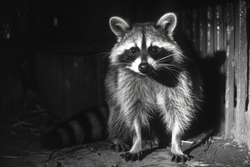 Poster - A raccoon with a mask and tail ringed in smoky grays and ashy blacks, scavenging through the night's shadows.