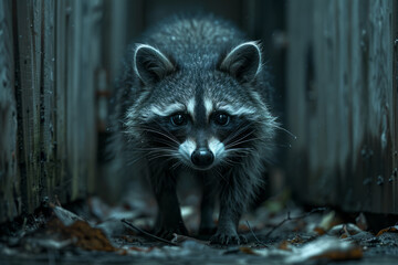 Poster - A raccoon with a mask and tail ringed in smoky grays and ashy blacks, scavenging through the night's shadows.