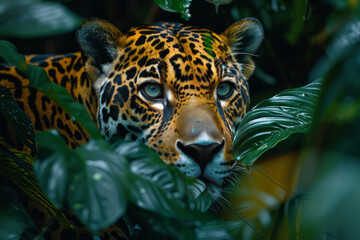 Poster - A jaguar whose coat pulses with the deep greens and browns of the rainforest, camouflaged among the foliage,