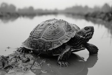 Aufkleber - A turtle whose shell patterns reflect the layered strata of the earth, crawling slowly along a muddy riverbank,