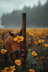 Poster - A stallion with a mane and tail that crackle with static electricity, galloping across a stormy field under a charged sky,