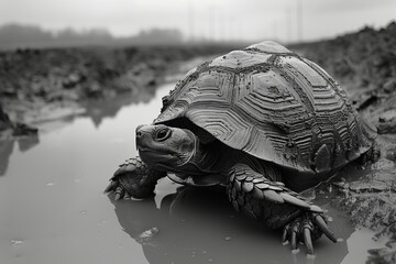 Aufkleber - A turtle whose shell patterns reflect the layered strata of the earth, crawling slowly along a muddy riverbank,