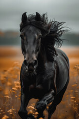 Aufkleber - A stallion with a mane and tail that crackle with static electricity, galloping across a stormy field under a charged sky,