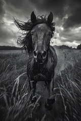 Aufkleber - A stallion with a mane and tail that crackle with static electricity, galloping across a stormy field under a charged sky,