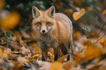Fototapete - A fox whose fur swirls with autumn leaves and dirt, blending into the forest floor as it trots through the underbrush,