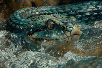 Poster - A mythical serpent that flows like water, its scales a mosaic of deep blues and aqua greens, slipping through a river,