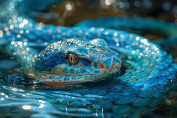 Poster - A mythical serpent that flows like water, its scales a mosaic of deep blues and aqua greens, slipping through a river,