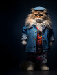 Creative animal concept. British Longhair cat kitty kitten full body in hip hop stylish fashion isolated on dark background, commercial, editorial advertisement, surreal, copy text space	
