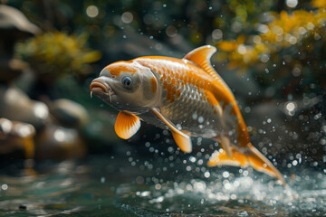 Poster - A hybrid animal that combines the playful demeanor of a dolphin with the colorful body of a koi fish, performing in an enchanted river,