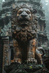Poster - A fantastical beast with the lower body of a snake and the upper torso of a lion, commanding respect in ancient ruins,
