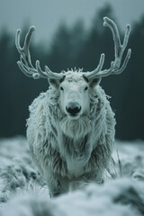 Poster - A frost-bound creature with the coat of a polar bear and the antlers of a moose, trudging through snowy landscapes,