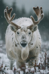 Poster - A frost-bound creature with the coat of a polar bear and the antlers of a moose, trudging through snowy landscapes,