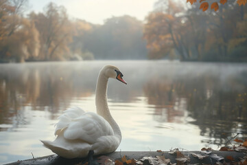 Poster - A creature that blends the elegance of a swan with the serenity of a white rabbit, resting by a tranquil lake,