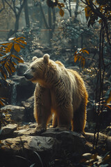 Poster - A beast with the torso of a bear and the tail of a peacock, its tail feathers spread majestically in a display,