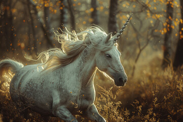 Poster - A mystical animal combining a deerâ€™s antlers with the flowing mane of a horse, galloping through an enchanted forest,