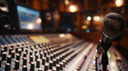 Microphone in recording studio with bokeh lights. Blurred background