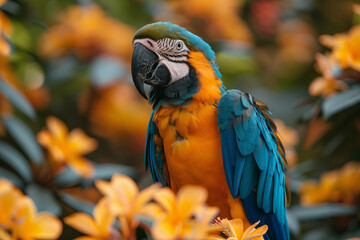 Aufkleber - A parrot in the rainforest, its vivid colors flowing into the tropical flowers around it, emphasizing biodiversity,