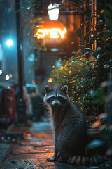 Poster - A raccoon in the city at night, morphing into shadows as it scavenges, embodying the stealth of urban wildlife,