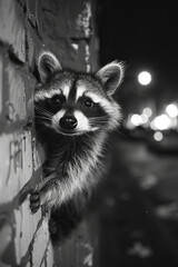 Poster - A raccoon in the city at night, morphing into shadows as it scavenges, embodying the stealth of urban wildlife,