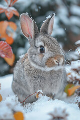 Poster - A rabbit in the snow, where each hop leaves behind impressions that become snowflakes, symbolizing winter's touch.