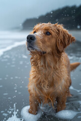 Aufkleber - A dog on a beach whose fur transforms into sand as it shakes off water, blending seamlessly with the shoreline,
