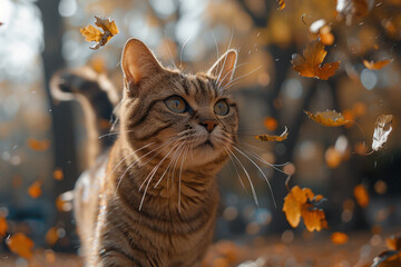 Aufkleber - A cat whose fur ripples and transforms into swirling autumn leaves as it walks through a park,