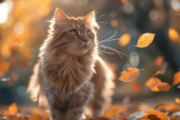 Leinwandbilder - A cat whose fur ripples and transforms into swirling autumn leaves as it walks through a park,