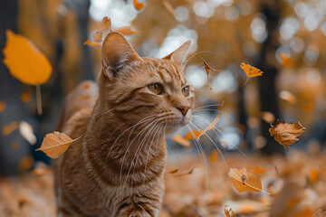 Poster - A cat whose fur ripples and transforms into swirling autumn leaves as it walks through a park,