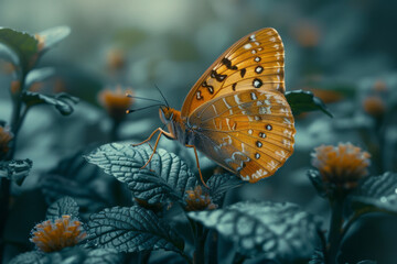 Wall Mural - A butterfly with wings that slowly morph into delicate leaves, blending into a forest background,