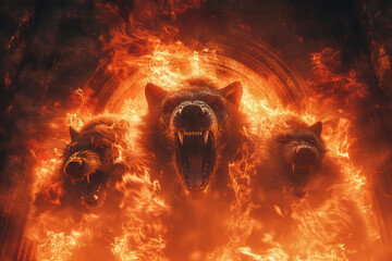 Aufkleber - A cerberus with three heads, each a different shade of deep, glowing embers, guarding the gates of a spectral underworld,