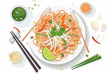 Pad Thai with tofu, noodles, and vegetables in a bowl. Traditional Thai dish. Concept of healthy eating, vegetarian cuisine, Asian culinary tradition. Digital illustration isolated on white surface