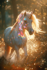 Poster - A unicorn with a fractal horn and a coat that shifts through a spectrum of pastel rainbows as it gallops,
