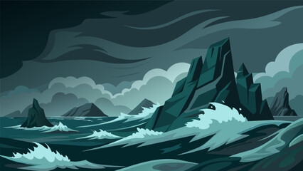 Wall Mural - A dark and stormy sea with turbulent waves crashing against jagged rocks symbolizes the patients tangled and overwhelming thoughts before therapy.