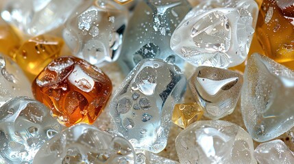 Poster -   A pile of ice cubes sits on top of a table with an assortment of ice cubes stacked on top