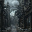 A mysterious steampunk cityscape unfolds with intricate clockwork mechanisms adorning weathered buildings, casting shadows on a deserted cobblestone street under a stormy sky.