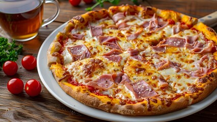 Wall Mural - Ham and cheese pizza on white plate with tea and cherry tomatoes. Concept Food Photography, Pizza on Plate, Tea and Tomatoes, Appetizing Meal, Delicious Ham and Cheese