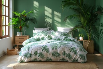 This vibrant bedroom boasts a prominent green wall, tropical bedding and ample natural light for a fresh ambiance