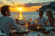 © Larisa AI - A group of friends is seen enjoying a luxurious dinner on a yacht with the sunset and reflections on water