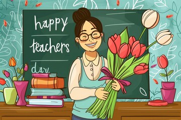 Wall Mural - A cartoon teacher holding flowers and stands in front of a green board with happy teachers day written on it. happy teachers day.