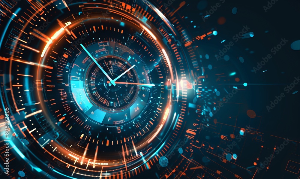 An abstract futuristic technology background showcases a clock concept ...