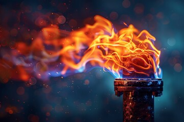 Poster - A dramatic image capturing the intense and vivid flames seemingly leaping out of a metal pipe against a dark, cool