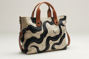 This elegant and modern handbag features a unique abstract black wave pattern on beige background