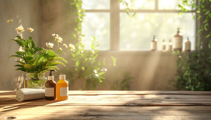 Natural Bathroom Setting: Sunlit Empty Wooden Table with Window Backdrop, Abstract Leaf and Bottle Detail